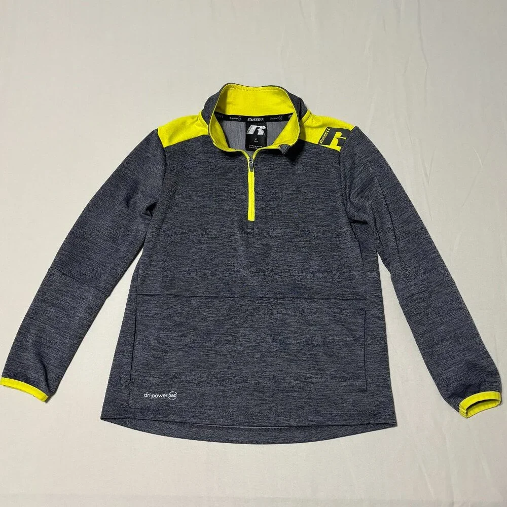 Russell Athletic Youth M‎ 8 1/4 Zip Pullover Gray Neon Yellow Dripower 360 Top